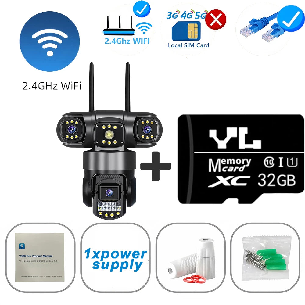 15MP 4G SIM Surveillance Camera Triple-Lens Triple Screens IP66 Outdoor HD Night Vision Outdoor WiFi IP Security Camera V380 Pro