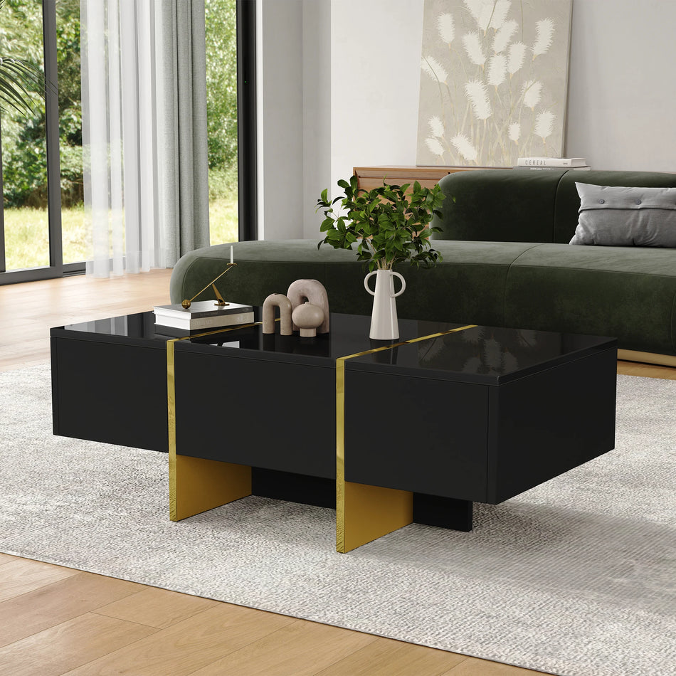 Mesa de café negra de alto brillo con 4 cajones para sala de estar