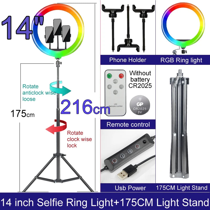 Dimmable RGB LED Selfie Ring Light with Adjustable Tripod