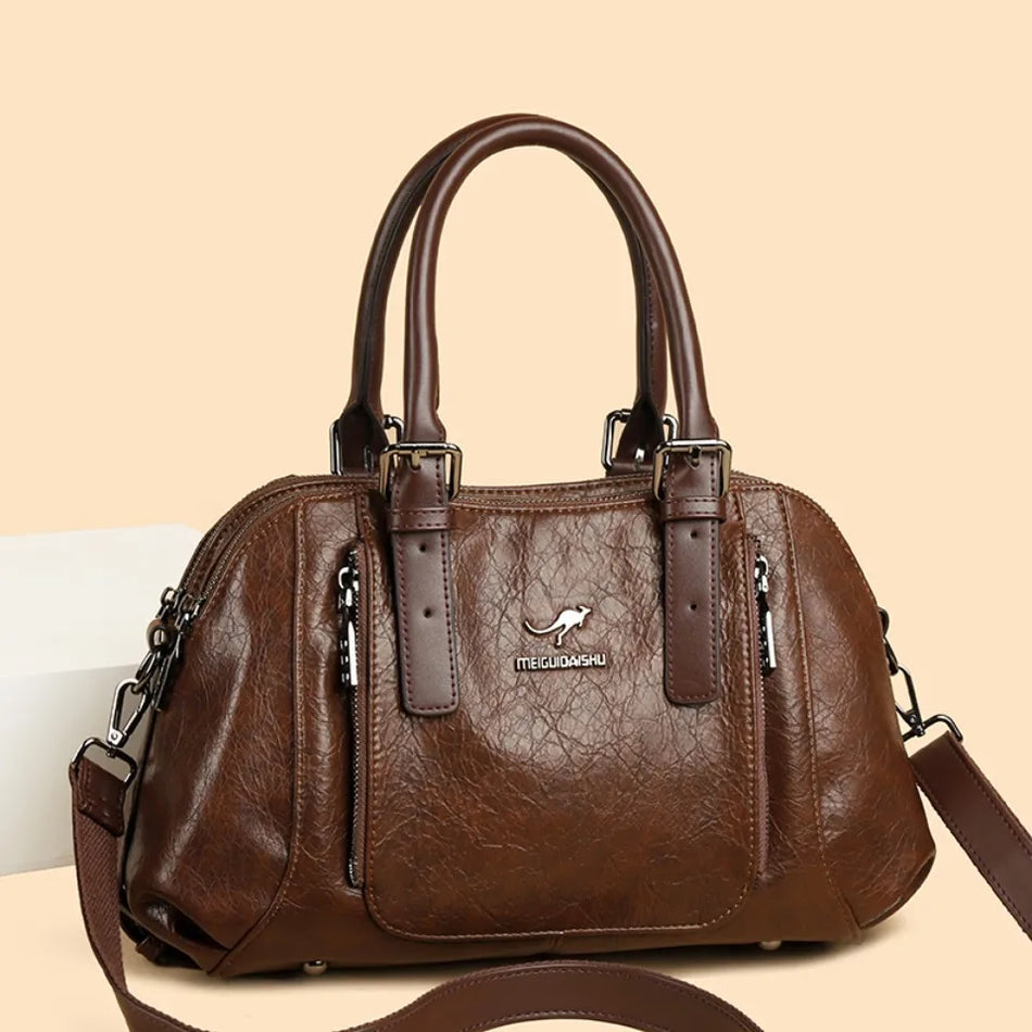 PU Leather Tote Bag For Women, Two Layer Casual Shoulder Crossbody With Zipper, Soft Interior Lining, Multiple Pockets