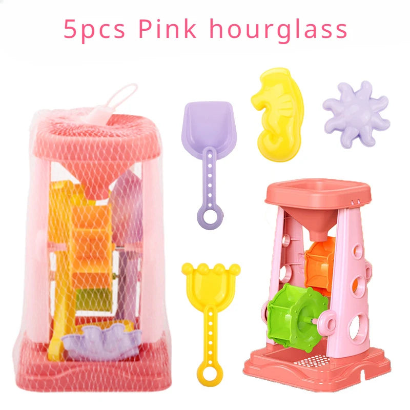 Children's Summer Beach Toy Set - Sand Wheel, Bucket, Shovel, Rake, Sailboat &amp; More for Creative Play 5pcs Pink Hourglass / CHINA