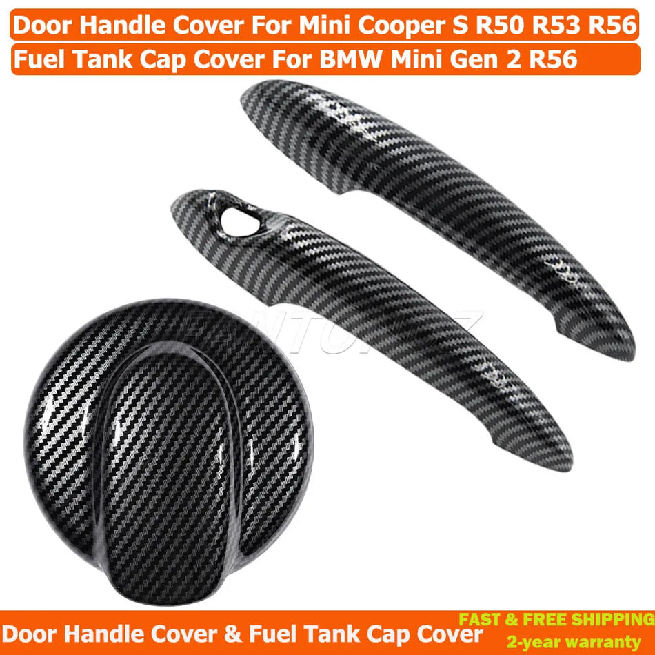 Door Handles And Cap With Black Carbon Fiber For MINI R50 R53 R56
