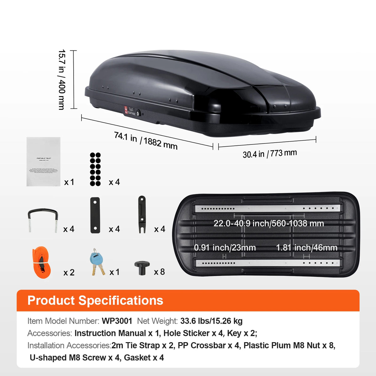 VEVOR Rooftop Cargo Carrier &ndash; Dual-Sided Opening With Straps 14 Cubic Feet / france