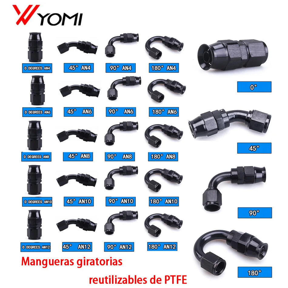 Raccordo per tubo riutilizzabile AN4 AN6 AN8 AN10, rotante PTFE per linea di carburante 0-45-90-180