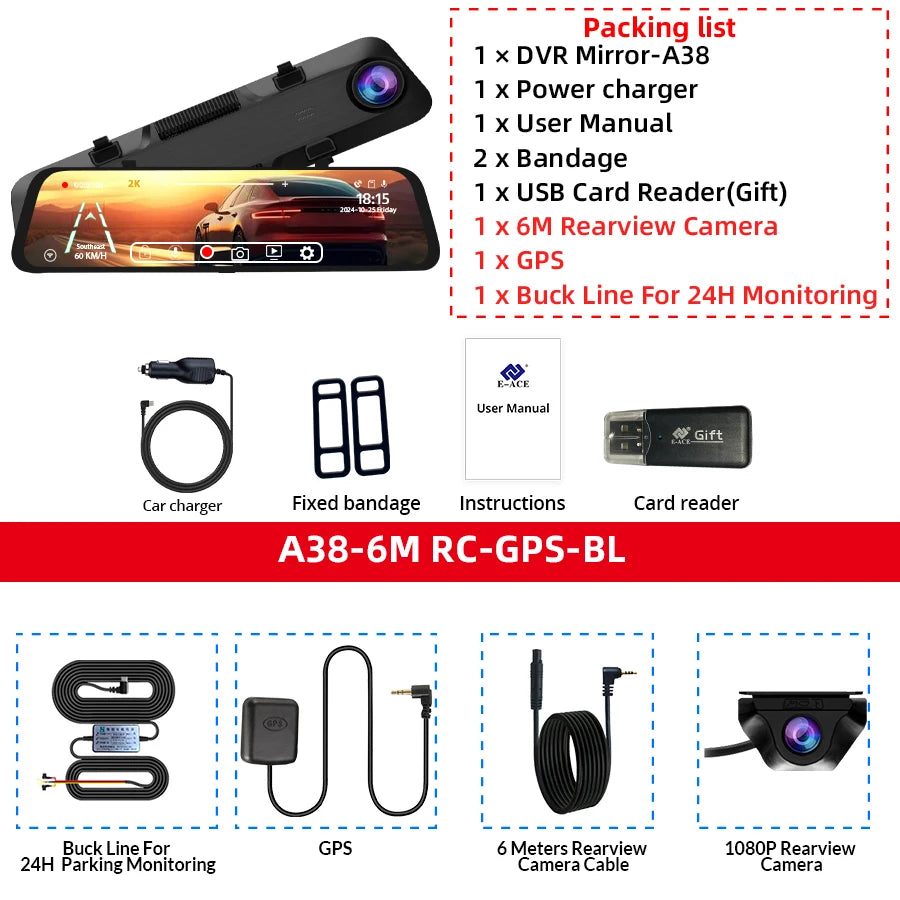 ACCEO 2.5K Dsahcam 12 Inch Touch Mirror - Built In WiFi A38-6M RC-GPS-KIT / 64G