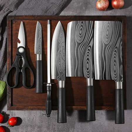 Laser Damascus Kitchen Knives Set with Scissors and Sharpening Rod