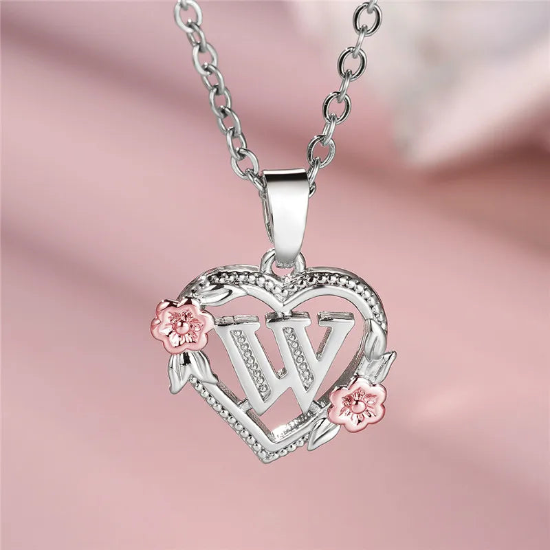Charming Silver A-Z Letter Flower Pendant Necklace for Women W