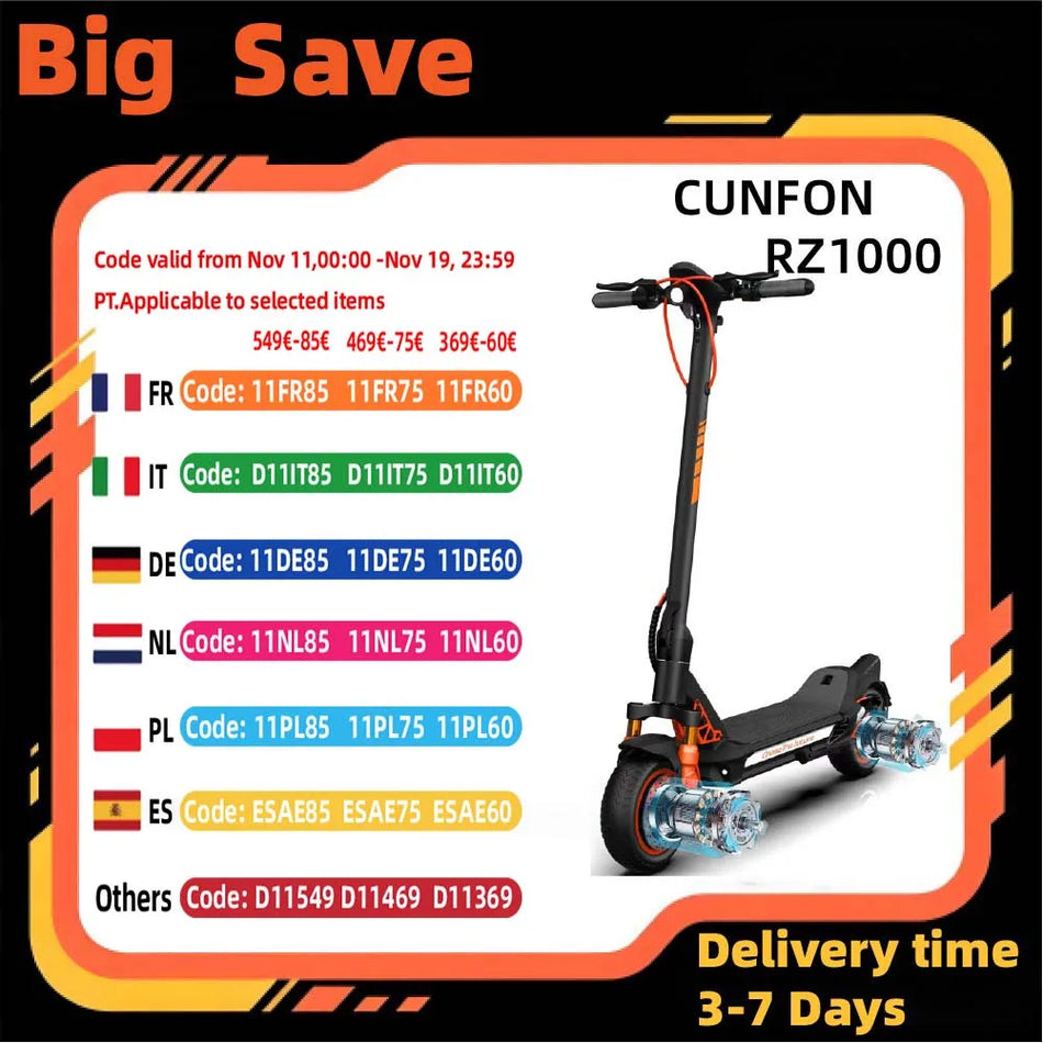 CUNFON RZ1000 Ηλεκτρικό Σκούτερ Με Διπλούς Κινητήρες 1200W, Μπαταρία 48V 24Ah