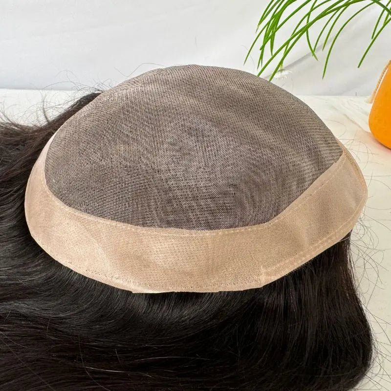 PWIGS Mono Base PU Men's Toupee - 100% Indian Remy Hair, Natural Black 8x6 Inch