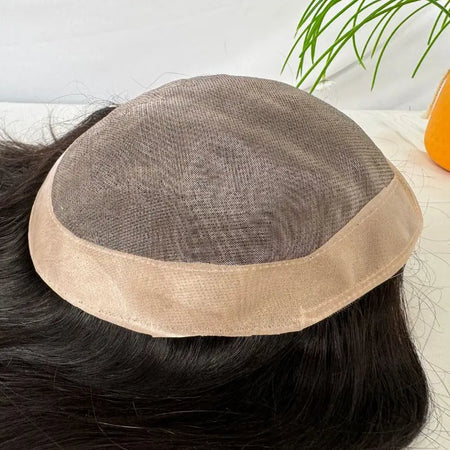 PWIGS Mono Base PU Men's Toupee - 100% Indian Remy Hair, Natural Black 8x6 Inch