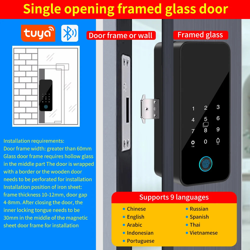 LUCKING DOOR B16-tuya Glass Door Lock &ndash; App Bluetooth Entry 1 Way-Framed Door