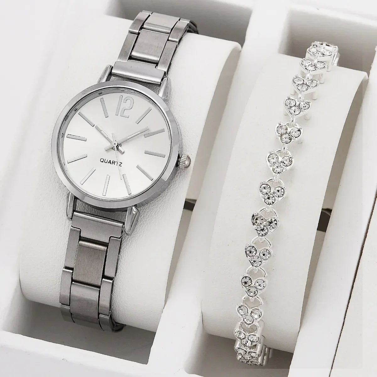 Luxury MOONBIFFY Ladies Quartz Bracelet Watch Set Silver set 2