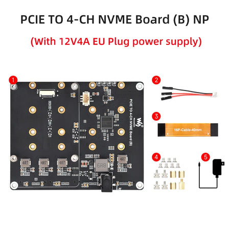 Raspberry Pi 5 PCIe To 4-Ch M.2 Adapter Board &ndash; Supports 4 NVMe Solid State Drives EU Power