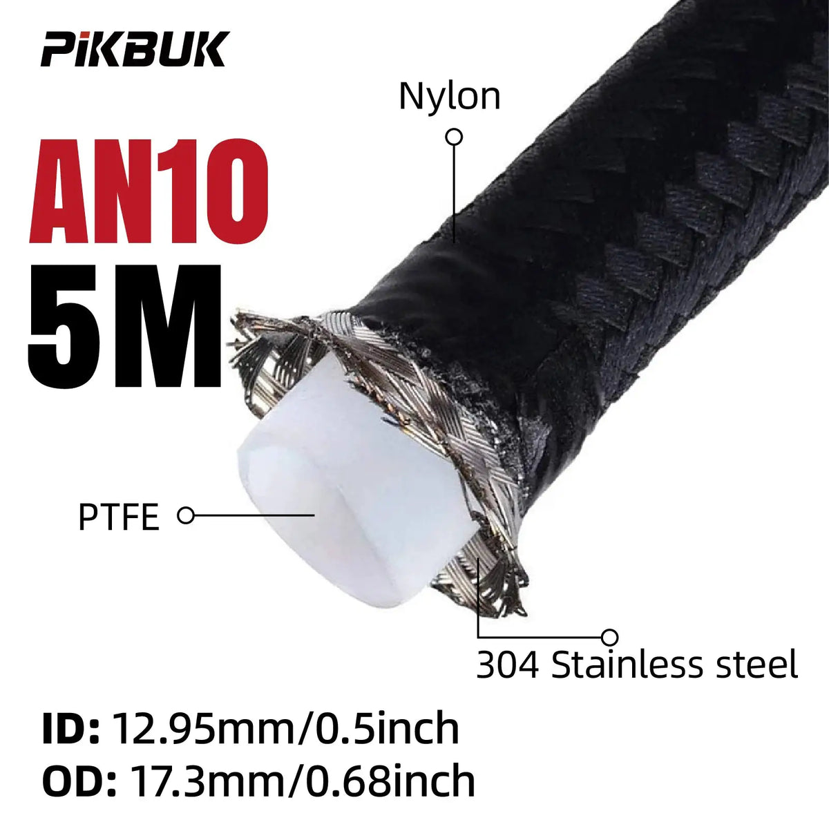 1M/2M/3M/5M AN4 AN6 AN8 AN10 Universal E85 Fuel Hose Oil Gas Cooler Line Pipe Tube Inside PTFE Nylon Stainless Steel Braided by InterCyprus Trading Ltd