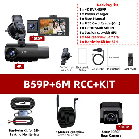 ACCEO 4K Dashcam Auto 3 Channel Car DVR &ndash; WiFi GPS Parking B59P 6M-RCC-KIT / None