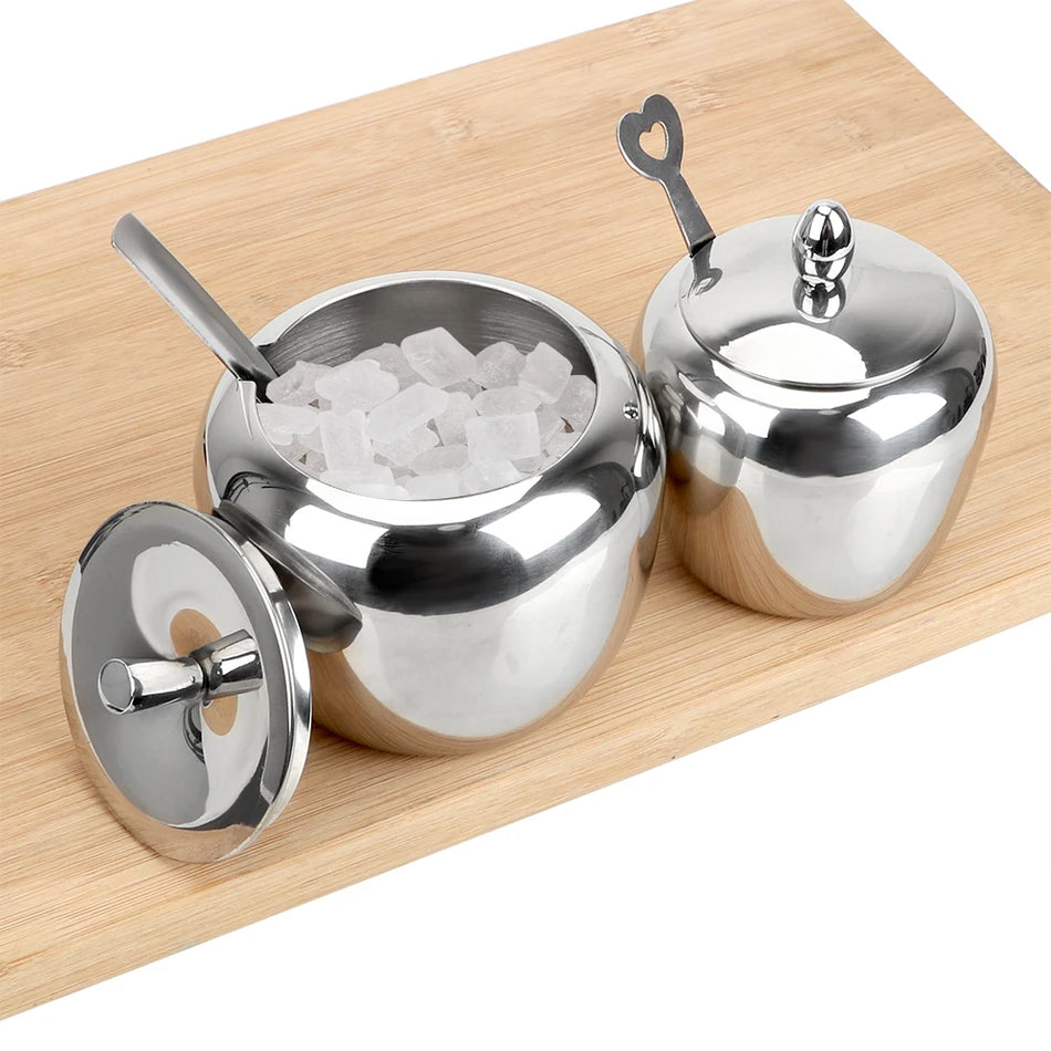 Umweltfreundliche Zuckerdose aus Edelstahl mit Deckel und Löffel, Apfel-Design
