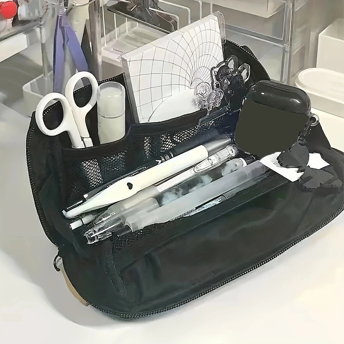 Simple Black Canvas Pencil Case - Large Capacity Stationery Storage