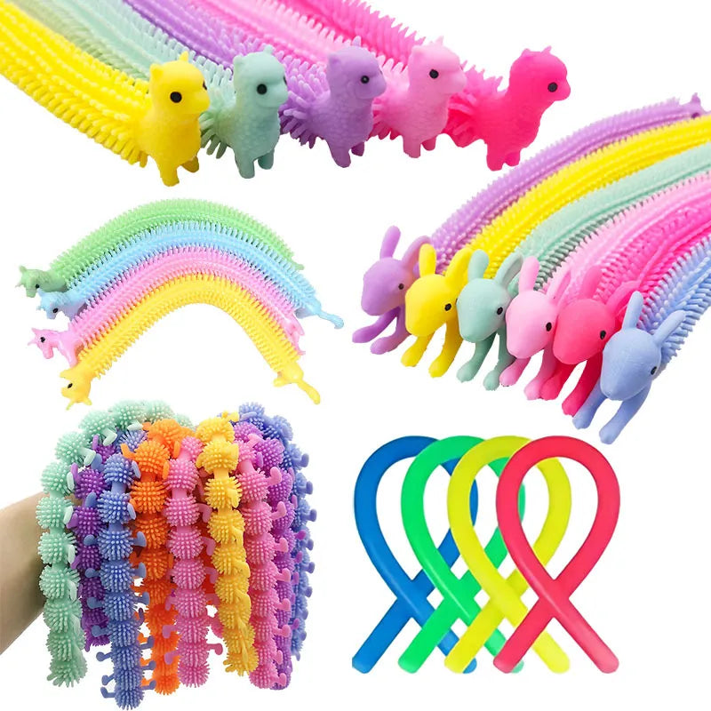 🟠 1-6PCS Funny Unicorn Pull Worm Noodle Fidget Toys Stretch String TPR Rope Anti Stress Toys String Stress Relief Autism Vent Toy