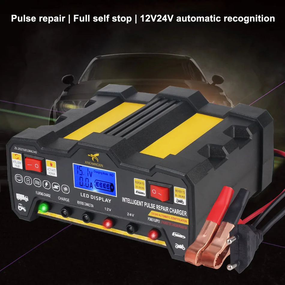 600W Automobilio Akumuliatoriaus Įkroviklis su Pulsiniu Remontu, 12V/24V Greitas Įkrovimas