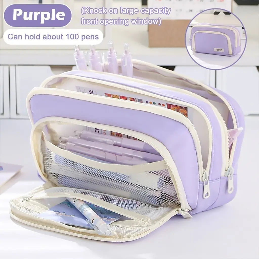 Kawaii Pencil Case | 3 Layer Cute Pen Bag | Large Capacity Korean Organizer With logo-Purple