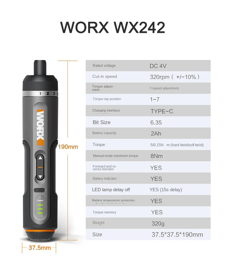 Worx 4V Mini Electric Screwdriver Set with USB Rechargeable Feature WX242