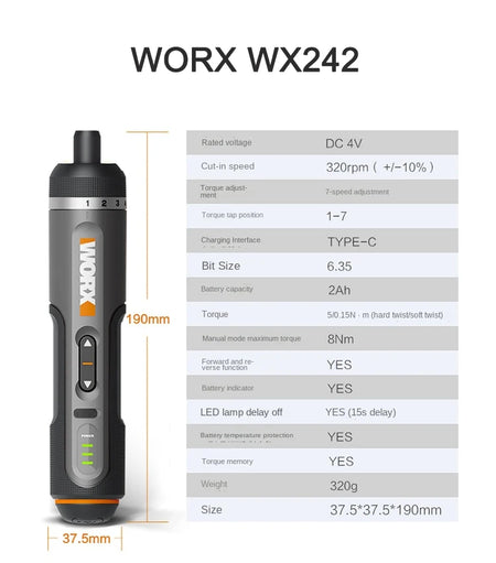 Worx 4V Mini Electric Screwdriver Set with USB Rechargeable Feature WX242