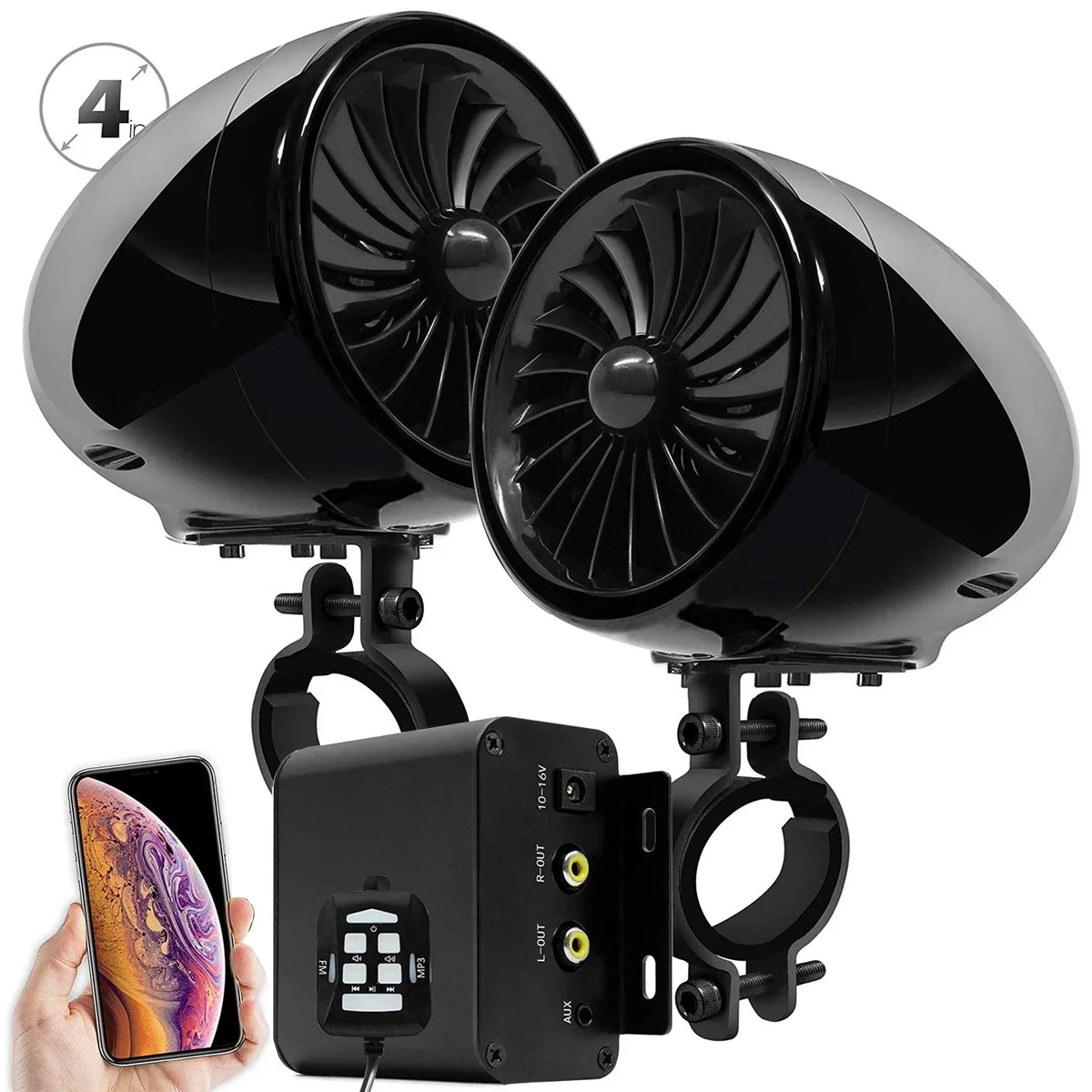 150W Motorcycle Audio System, Waterproof Bluetooth Speakers, 2-Channel Amp CN (Origin) / Black Set - Fan
