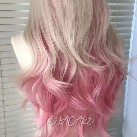OLACARE Long Curly Wavy Pink Blonde Synthetic Wig with Fluffy Bangs
