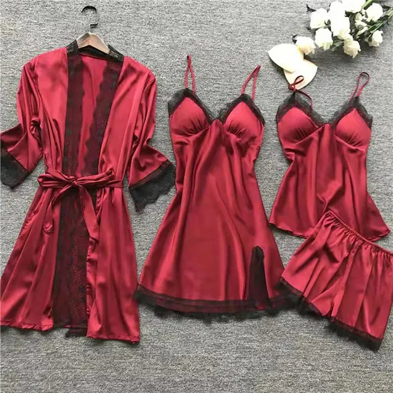 Silk Pajamas Set - 4PCS for All Seasons with Lace and Stylish Belt ZY08 / 4XL