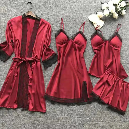 Silk Pajamas Set - 4PCS for All Seasons with Lace and Stylish Belt ZY08 / 4XL