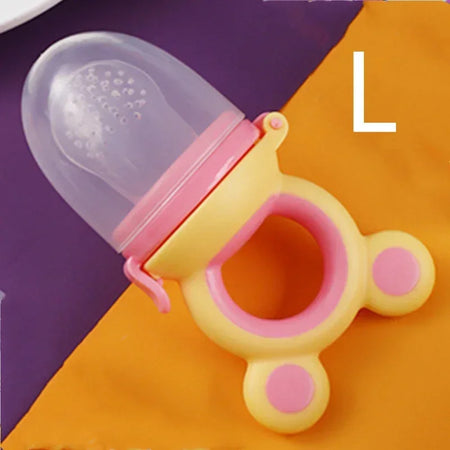 Cute Silicone Fresh Food Nibbler with Bear Ears for Infants Yellow pink L
