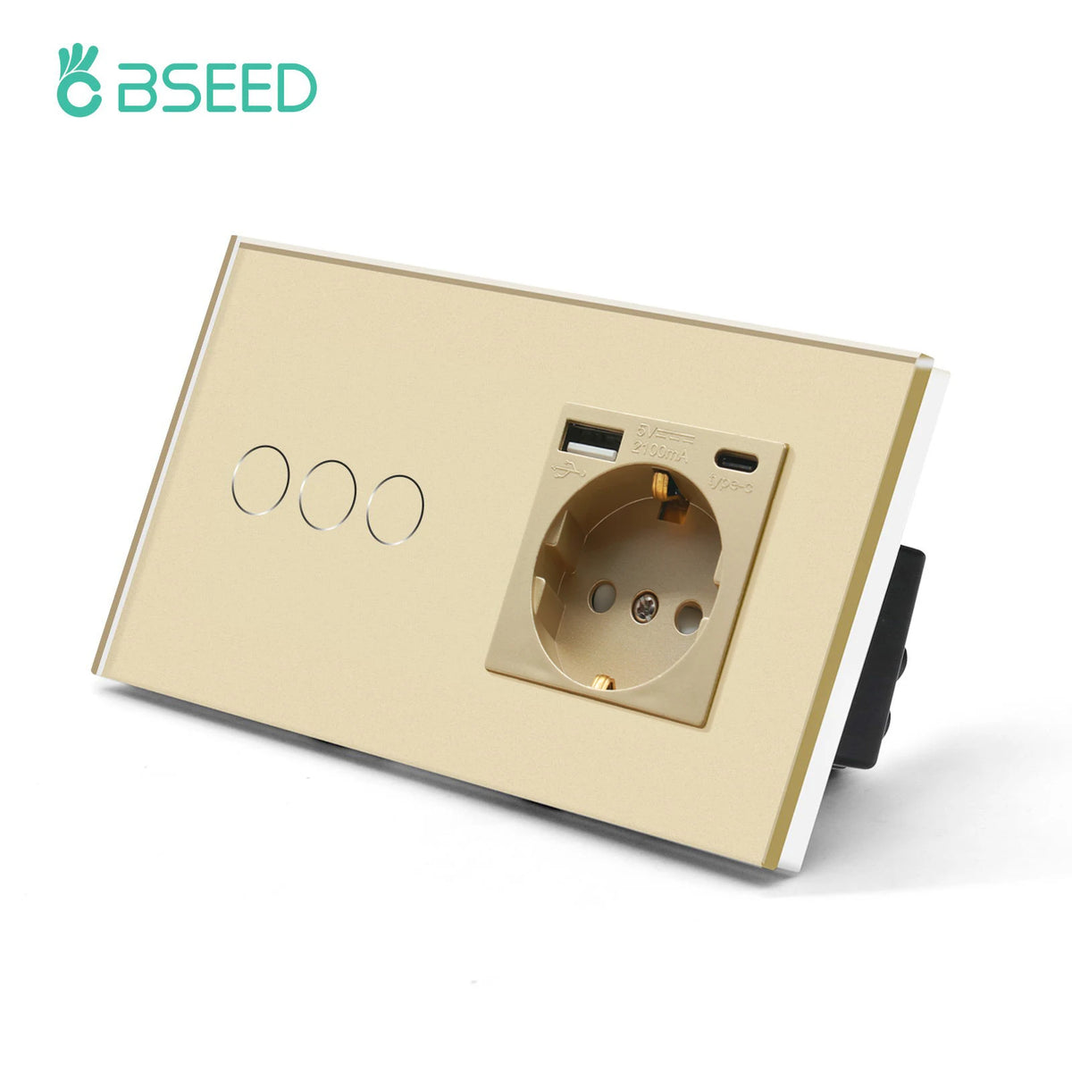 BSEED Touch Switch with USB Sockets and Glass Panel - EU Standard 3G Type-C Socket / EU standard