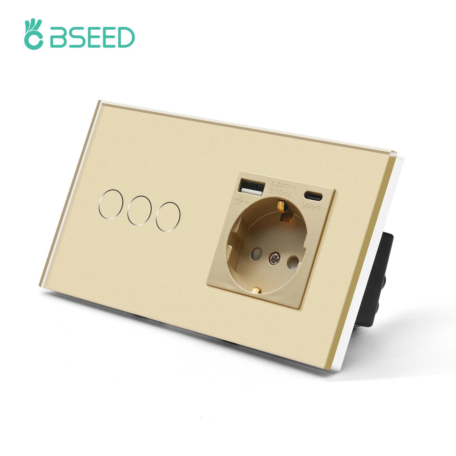 BSEED Touch Switch with USB Sockets and Glass Panel - EU Standard 3G Type-C Socket / EU standard