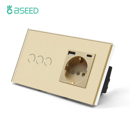 BSEED Touch Switch with USB Sockets and Glass Panel - EU Standard 3G Type-C Socket / EU standard