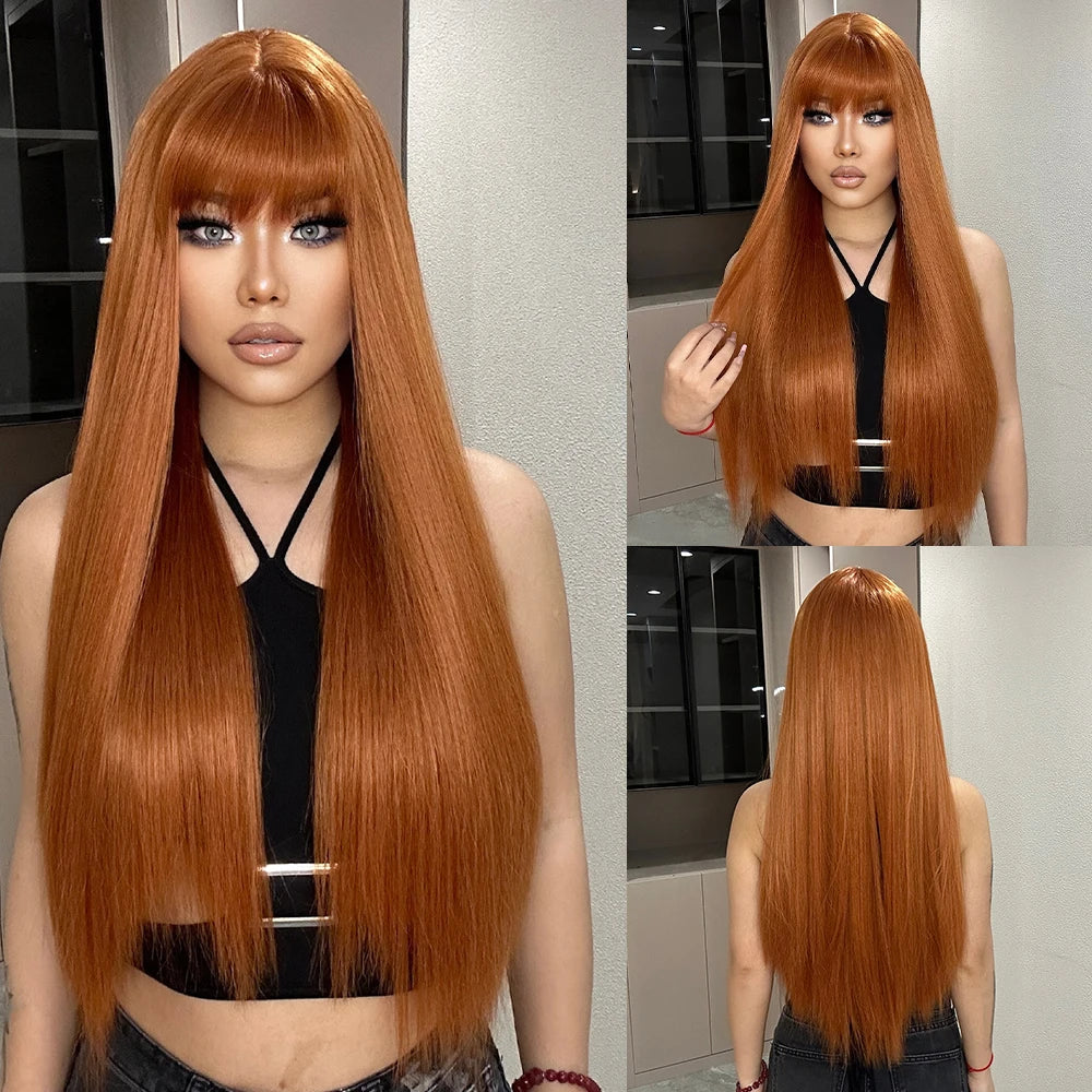 LOUIS FERRE Long Straight Red Brown Copper Synthetic Wig for Daily Use LC1064-1