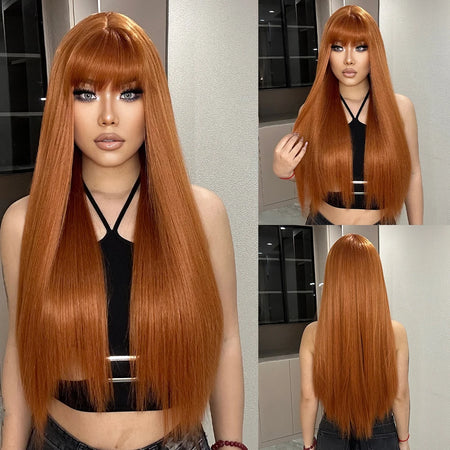 LOUIS FERRE Long Straight Red Brown Copper Synthetic Wig for Daily Use LC1064-1