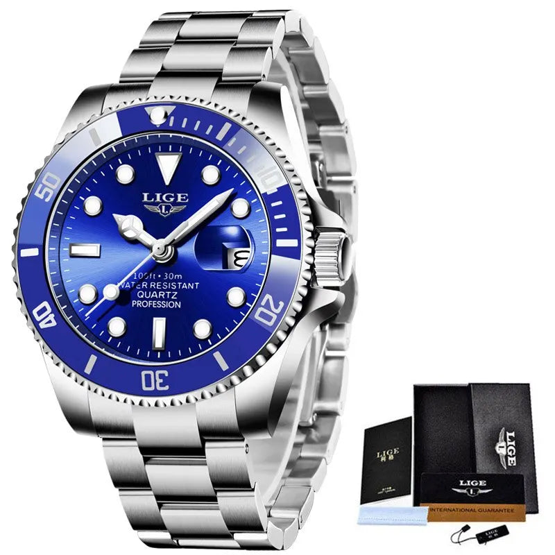 LIGE Luxury Fashion Diver Watch Men &ndash; 30ATM Waterproof Date silver blue