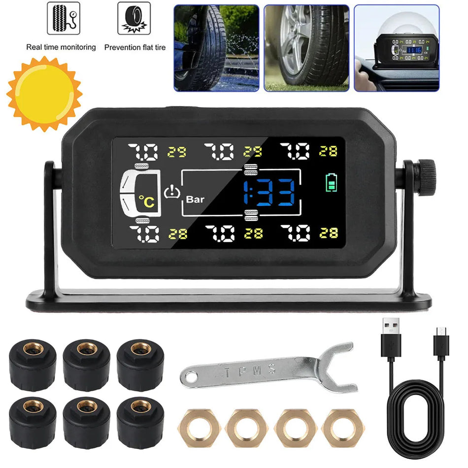 Six Sensor TPMS Truck Tire Pressure Monitor with Digital Clock and Temperature