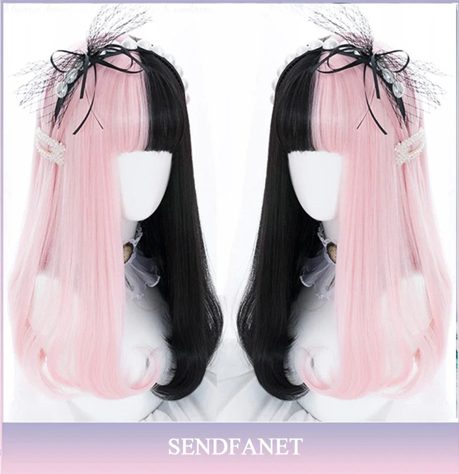 Long Straight Black Synthetic Wig with Bangs for Cosplay and Everyday Wear light pink / CHINA
