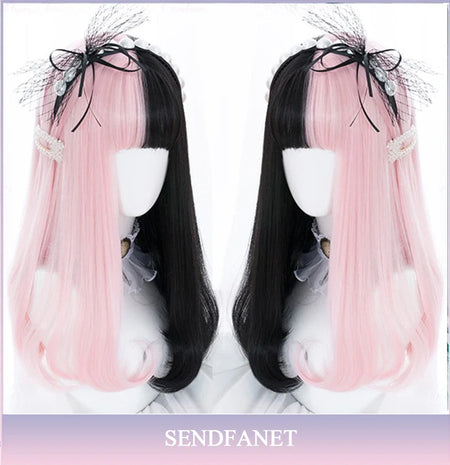 Long Straight Black Synthetic Wig with Bangs for Cosplay and Everyday Wear light pink / CHINA