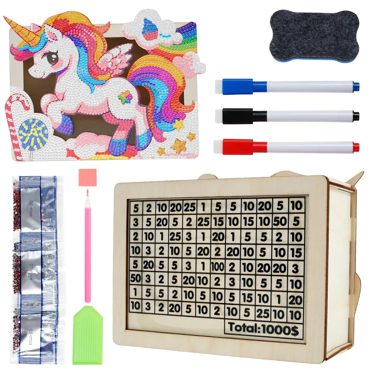 DIY Mermaid/Unicorn Wooden Piggy Bank with Diamond Painting &amp; Savings Goals Unicorn 1000
