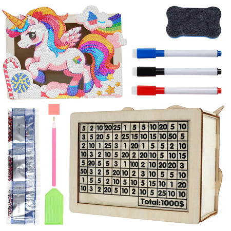 DIY Mermaid/Unicorn Wooden Piggy Bank with Diamond Painting &amp; Savings Goals Unicorn 1000