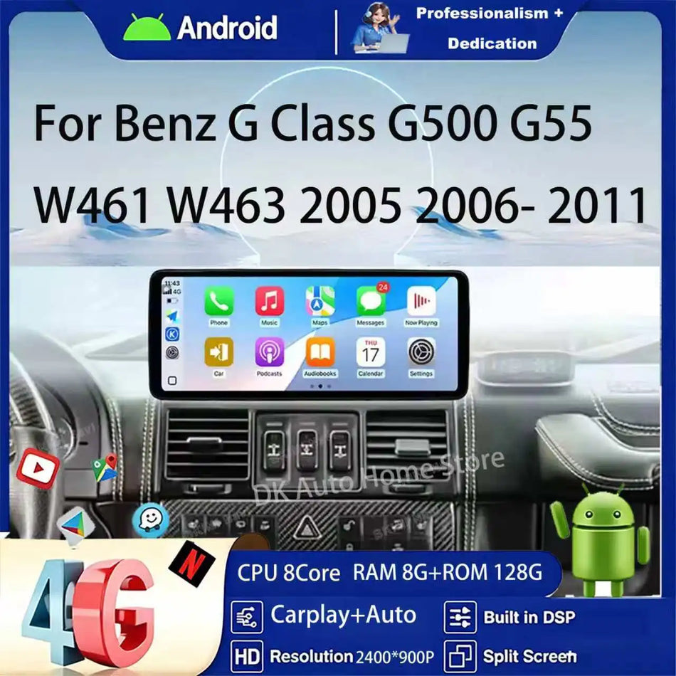 12,3-calowy radio samochodowe Android 16 z bezprzewodowym CarPlay do Mercedesa Benz G Klasy