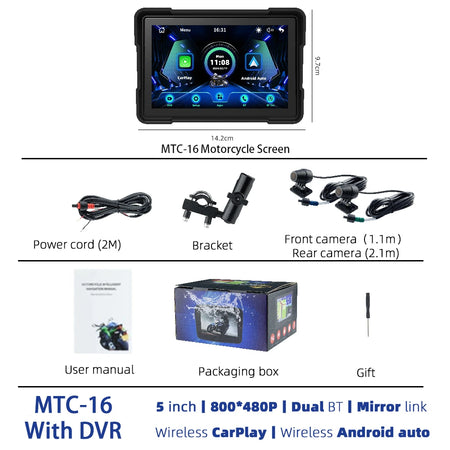 EVKEY Navigation Motorcycle 5 Inch Wireless Carplay Display Screen &ndash; Wireless Android Auto Monitor MTC-16-DVR
