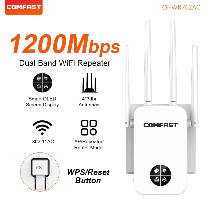 COMFAST WIFI5 1200Mbps WiFi Repeater &ndash; Smart Screen US Plug