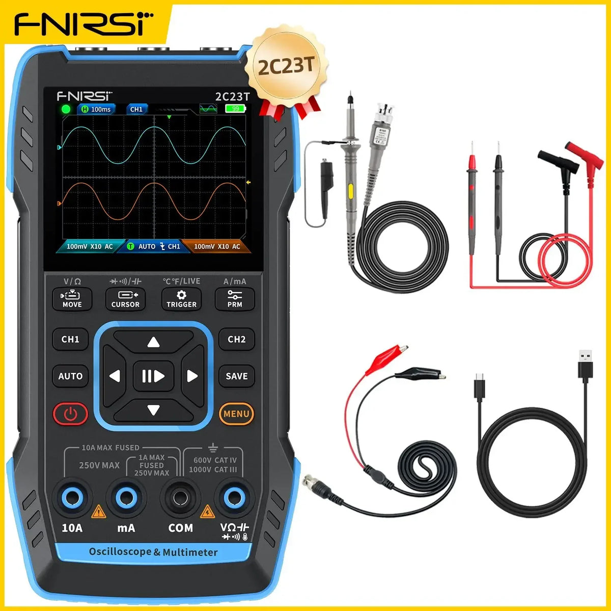 FNIRSI 2C23T 2C53T &ndash; 3 in 1 Dual Channel Handheld Digital Oscilloscope Multimeter Signal Generator 2C23T 1PC P1600