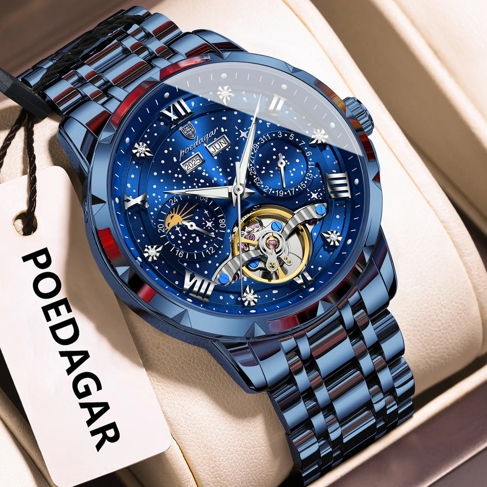 Orologio da uomo di lusso con tourbillon vuoto, automatico in acciaio inossidabile