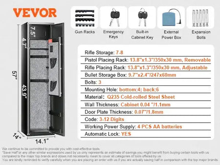 3-8 Rifle Gun Safe With Digital Keypad Lock 7-8 with Locker / United States