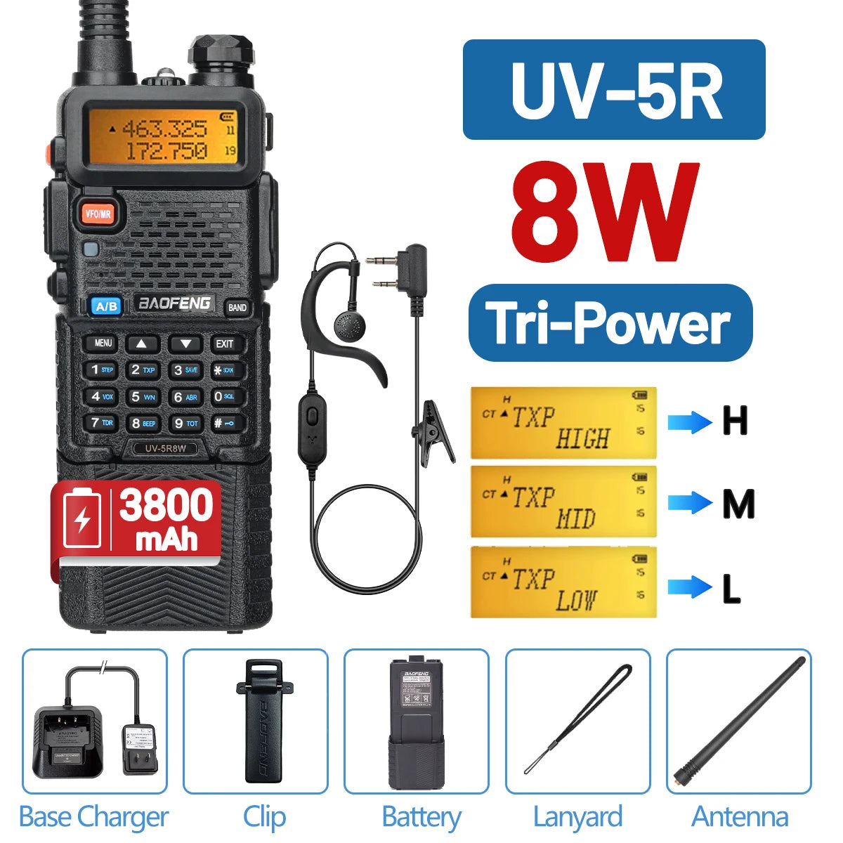 Baofeng UV-5R &ndash; Dual Band Ham Radio 5W Power Long Range 8W 3800mAh-H / US