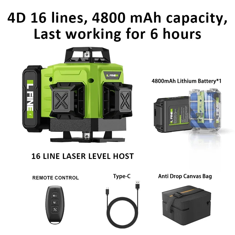 LFINE 3D/4D Laser Level - 12/16 Lines with Remote &amp; 360&deg; Self-Leveling 16 Lines big battery